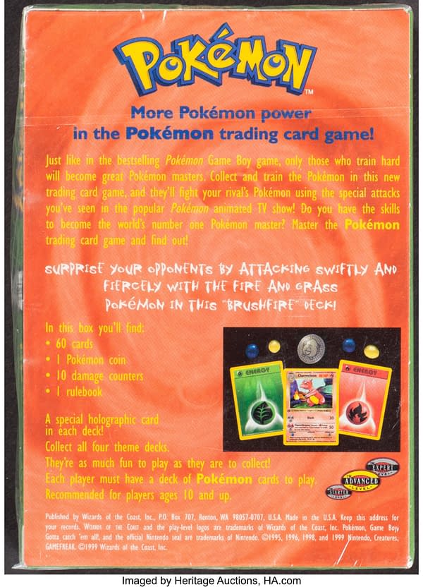 The back face of the sealed box for the Brushfire theme deck from the Base Set of the Pokémon TCG. Currently available at auction on Heritage Auctions' website.