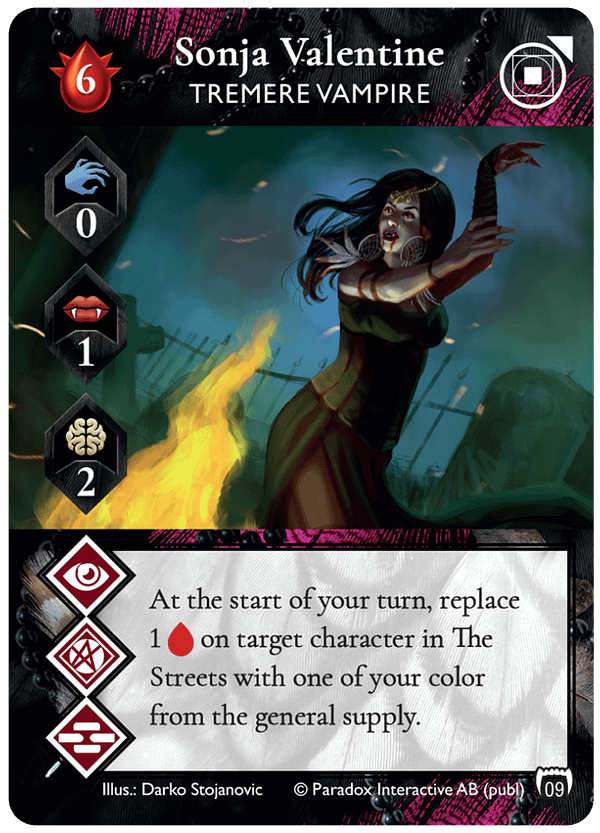 The alternate-art version of Sonja Valentine, a Tremere vampire Leader card from Vampire: The Masquerade Rivals' first expansion set, Blood & Alchemy. Source: Renegade Game Studios