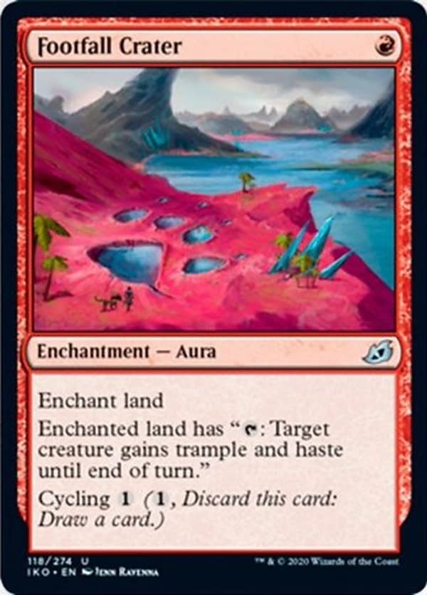 Footfall Crater, a new card from the Ikoria: Lair of Behemoths set for Magic: The Gathering.