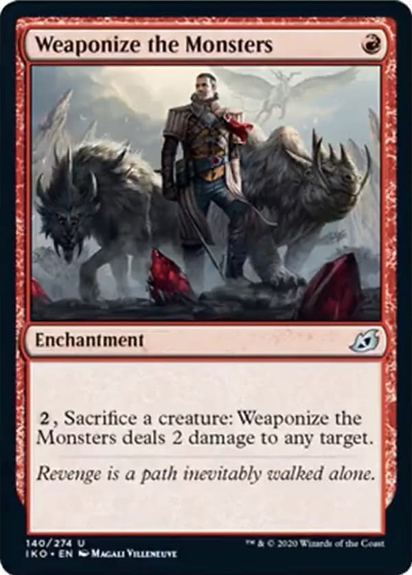 Weaponize the Monsters, a new card from the Ikoria: Lair of Behemoths set for Magic: The Gathering.