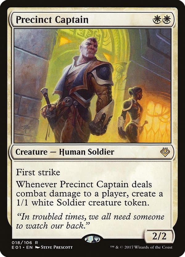 Precinct Captain, a card from the Return to Ravnica set for Magic: The Gathering (here shown in its Archenemy: Nicol Bolas version).