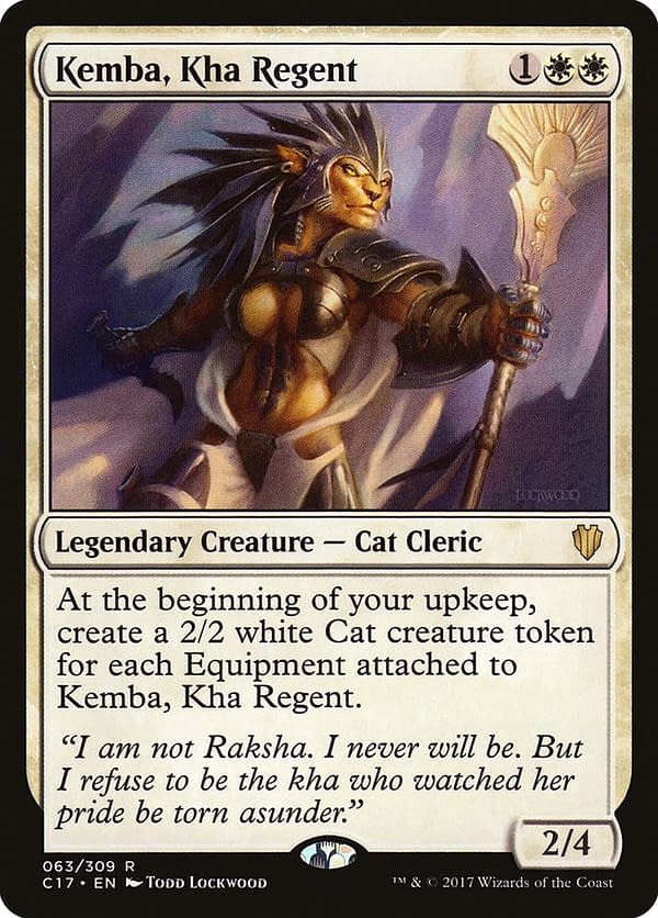 Kemba, Kha Regent, a card from the Scars of Mirrodin set for Magic: The Gathering (shown here in her version from Commander 2017).