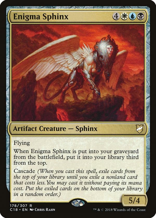 Enigma Sphinx, a card from the Alara Reborn set for Magic: The Gathering (shown here in its Commander 2018 version).