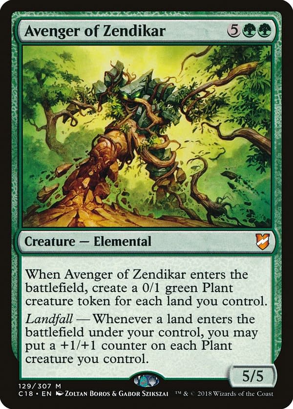 Avenger of Zendikar, from the Worldwake set for Magic: The Gathering (shown here in its Commander 2018 iteration).
