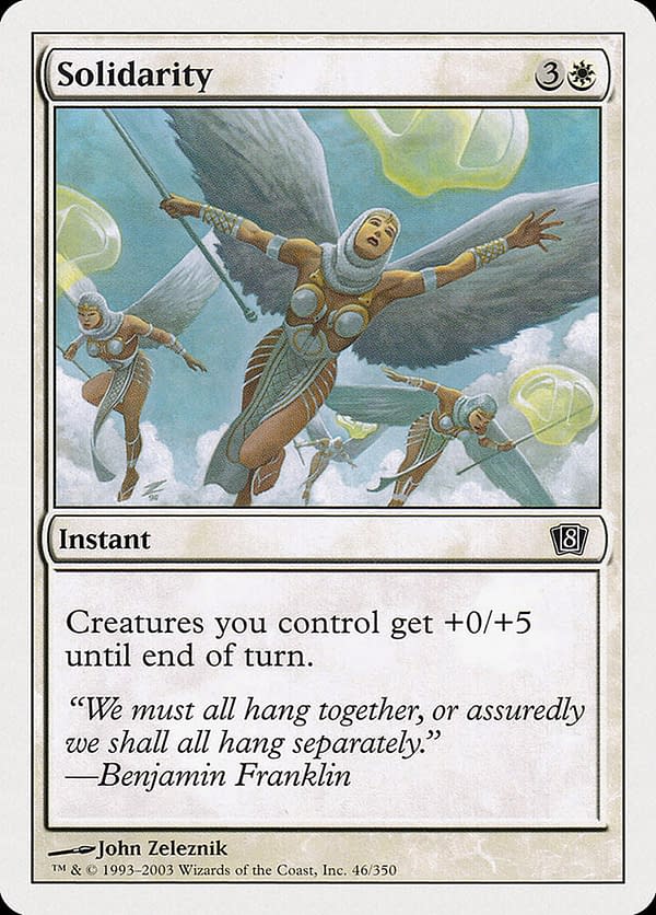 Solidarity, a card from the Urza's Destiny set for Magic: The Gathering (shown here in its Eighth Edition iteration).