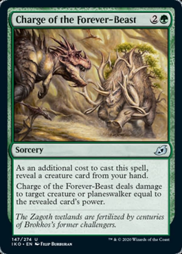 Charge of the Forever-Beast, a new card from the Ikoria: Lair of Behemoths set for Magic: The Gathering.