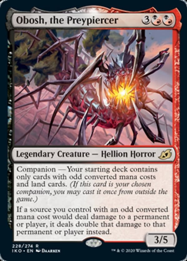 Obosh, the Preypiercer, a new card from Ikoria, Lair of Behemoths for Magic: The Gathering.