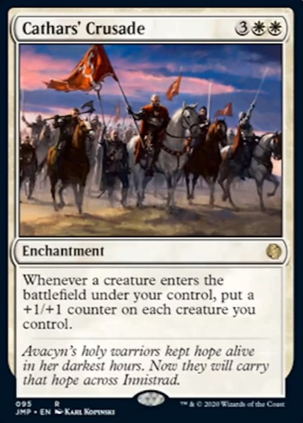Cathars' Crusade, a reprinted card from Jumpstart, an upcoming Sealed-based expansion set for Magic: The Gathering.
