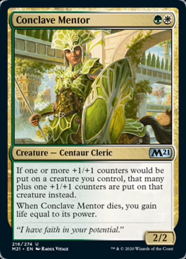 Conclave Mentor, a new card from Core 2021, an upcoming expansion set for Magic: The Gathering.