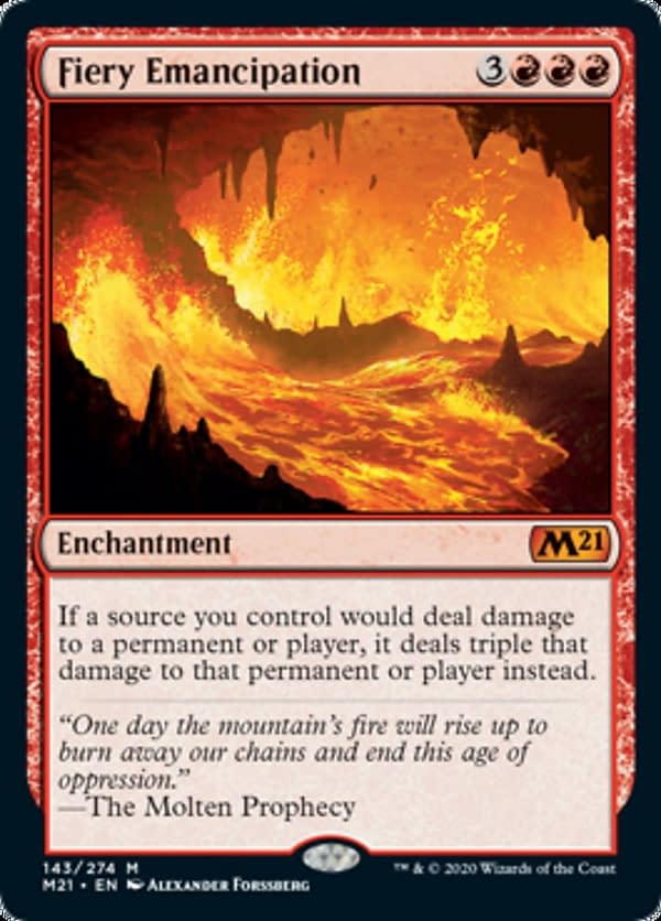 Fiery Emancipation, a new card from Core 2021, an upcoming expansion set for Magic: The Gathering.
