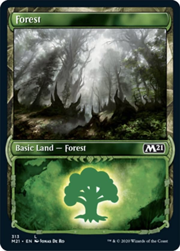 The showcase version of the Forest from Core 2021 Collectors' Boosters, from the upcoming expansion set for Magic: The Gathering. Featuring an illustration by Jonas De Ro.