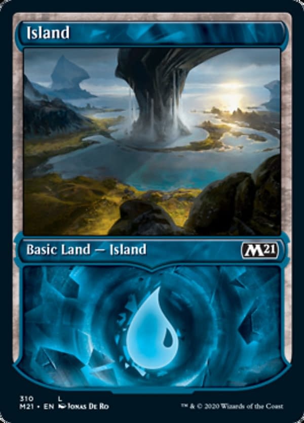The showcase version of the Island from Core 2021 Collectors' Boosters, from the upcoming expansion set for Magic: The Gathering. Featuring an illustration by Jonas De Ro.