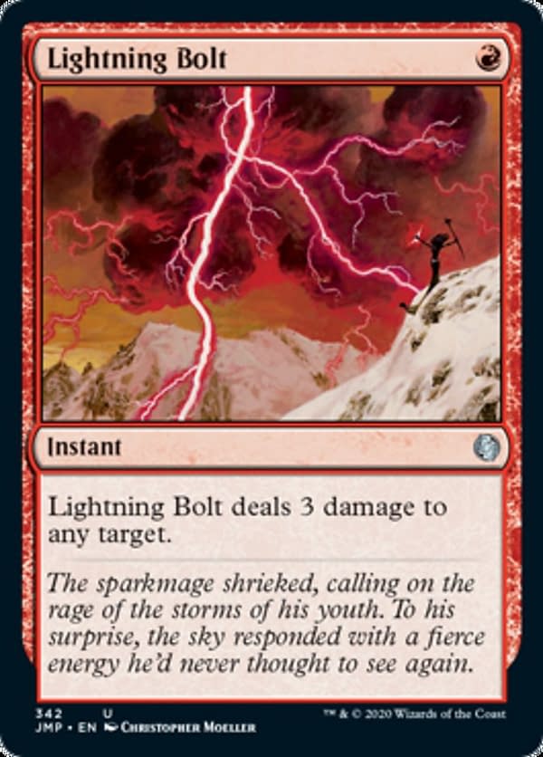 Lightning Bolt, a reprinted card from Jumpstart, an upcoming Sealed-based expansion set for Magic: The Gathering.