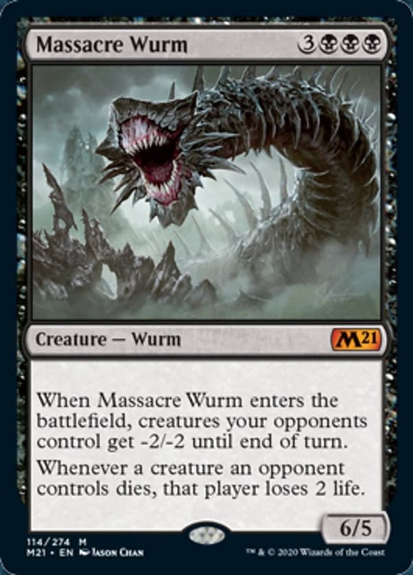 Massacre Wurm, a reprinted card from Core 2021, an upcoming set for Magic: The Gathering.