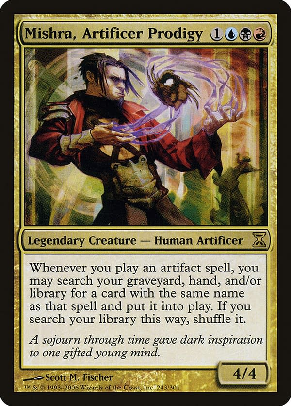 Mishra, Artificer Prodigy, a card from Time Spiral, an expansion set for Magic: The Gathering. This is the best depiction that we have of Mishra pre-compleation.
