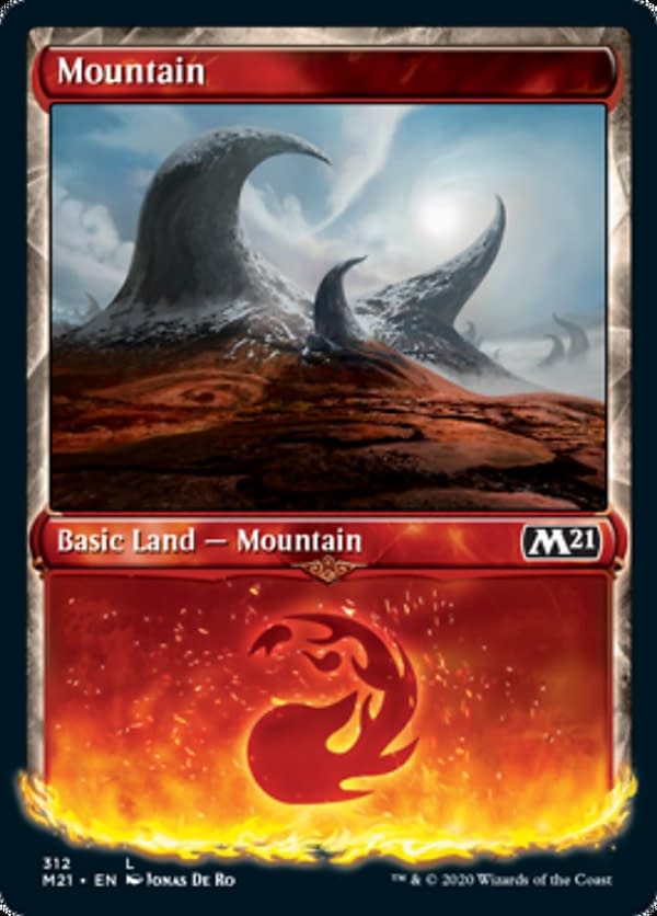 The showcase version of the Mountain from Core 2021 Collectors' Boosters, from the upcoming expansion set for Magic: The Gathering. Featuring an illustration by Jonas De Ro.