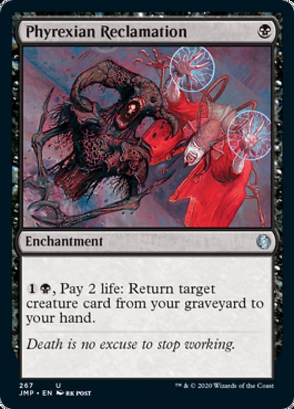 Phyrexian Reclamation, a reprinted card from Jumpstart, an upcoming Sealed-based expansion set for Magic: The Gathering.