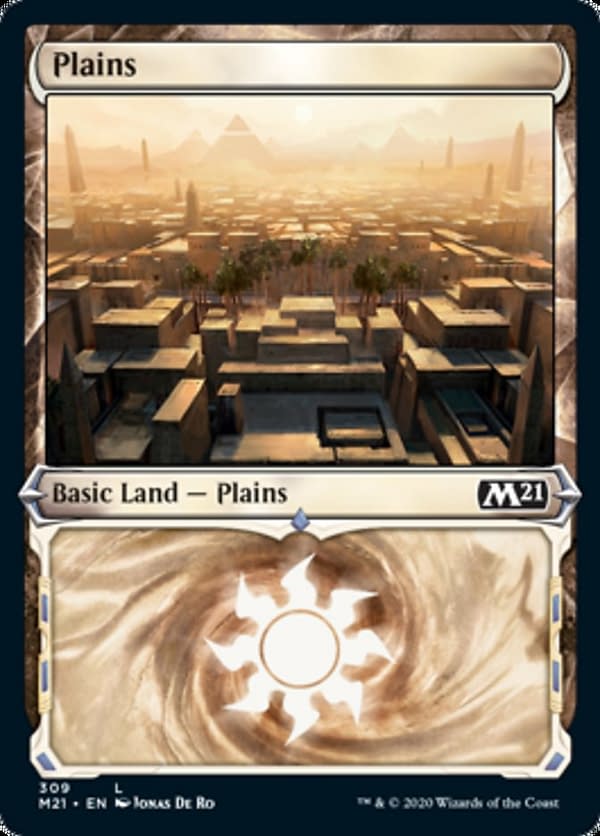 The showcase version of the Plains from Core 2021 Collectors' Boosters, from the upcoming expansion set for Magic: The Gathering. Featuring an illustration by Jonas De Ro.