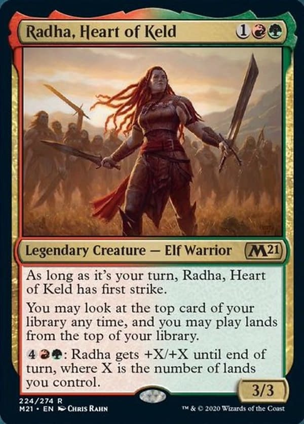 Radha, Heart of Keld, a new card from Core 2021, an upcoming expansion set for Magic: The Gathering.