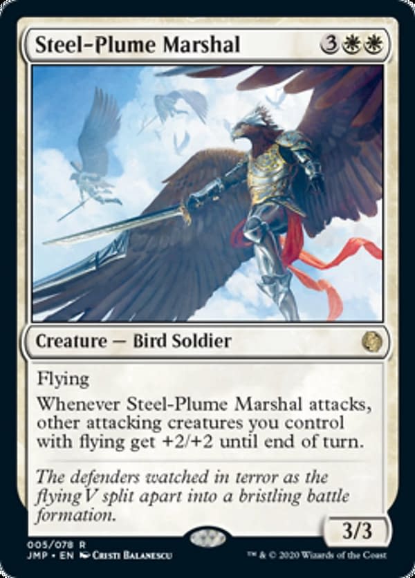 Steel-Plume Marshal, a new card from Jumpstart, an upcoming Sealed-based expansion set for Magic: The Gathering.