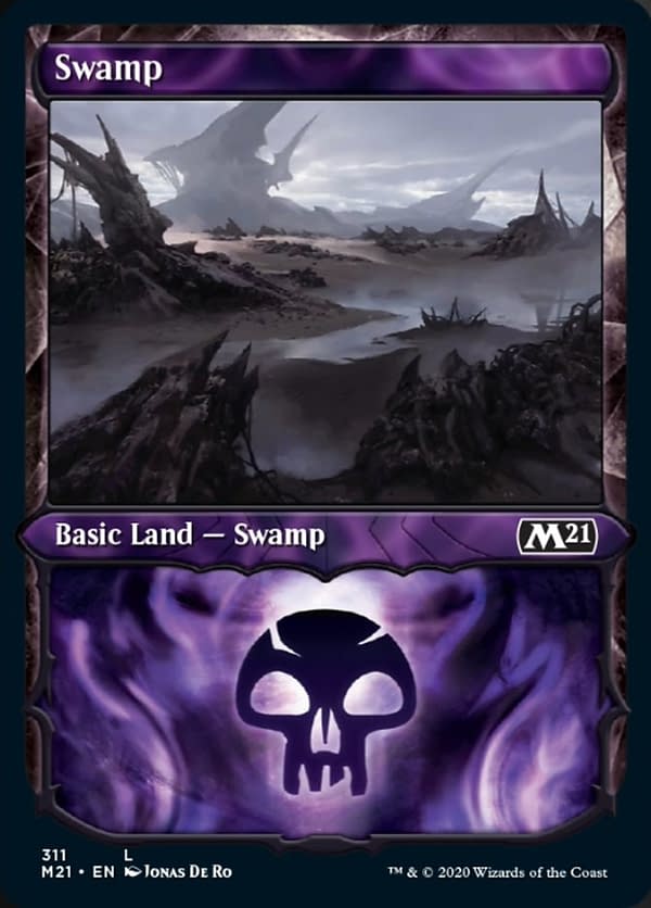 The showcase version of the Swamp from Core 2021 Collectors' Boosters, from the upcoming expansion set for Magic: The Gathering. Featuring an illustration by Jonas De Ro.