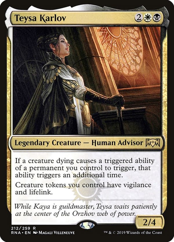Teysa Karlov, a legendary creature who may be functionally affected by this rule change. From the Ravnica Allegiance set for Magic: The Gathering.