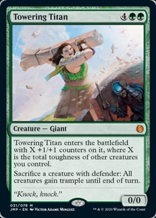 Towering Titan, a new card from Jumpstart, an upcoming Limited-style expansion set for Magic: The Gathering.
