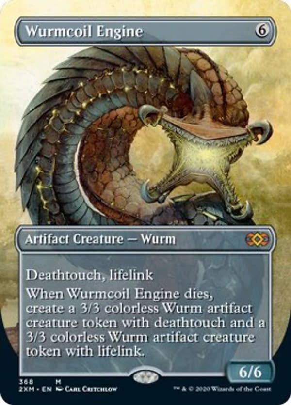 The showcase variant for Wurmcoil Engine, a card being reprinted in Double Masters, a premier expansion set for Magic: The Gathering. Originally printed in Scars of Mirrodin and here illustrated by Carl Critchlow.