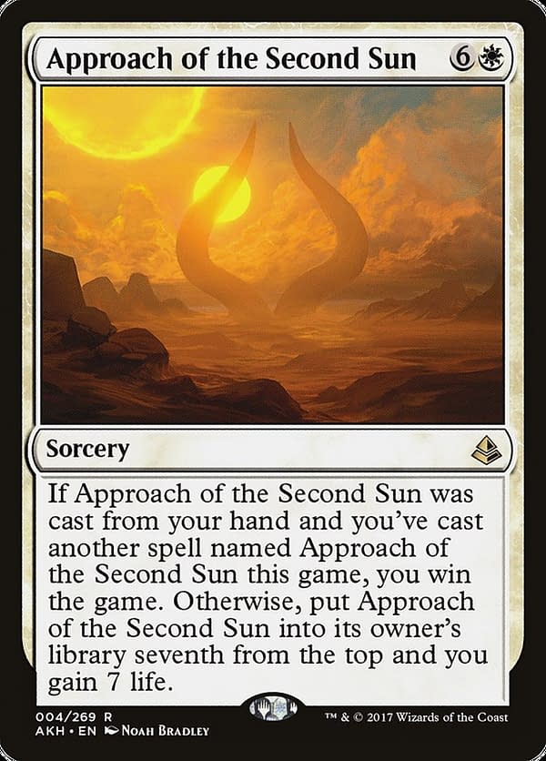 Approach of the Second Sun, a card from Amonkhet, an expansion set for Magic: The Gathering that is being selectively re-released on Arena in Amonkhet Remastered.