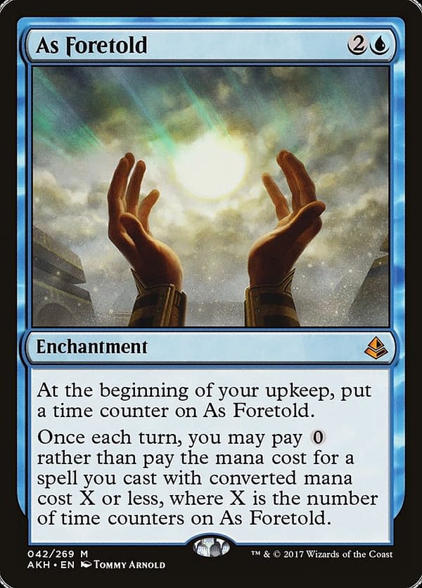 As Foretold, a card from Amonkhet, an expansion set for Magic: The Gathering that is being selectively re-released on Arena in Amonkhet Remastered.