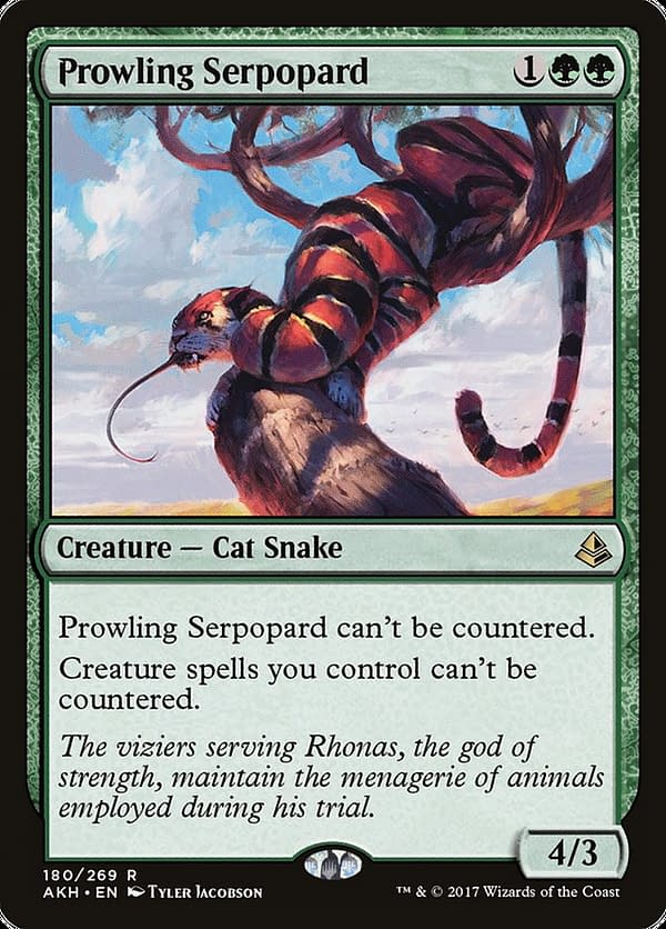 Prowling Serpopard, a card from Amonkhet, an expansion set for Magic: The Gathering that is being selectively re-released on Arena in Amonkhet Remastered.
