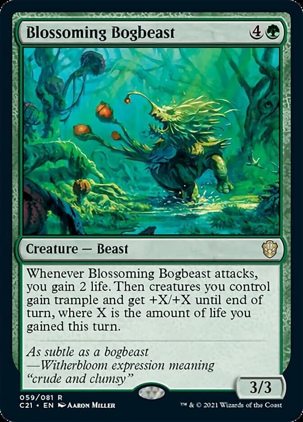 Blossoming Bogbeast, a new creature card from Magic: The Gathering's Commander 2021 release. Originally showcased by LoadingReadyRun.