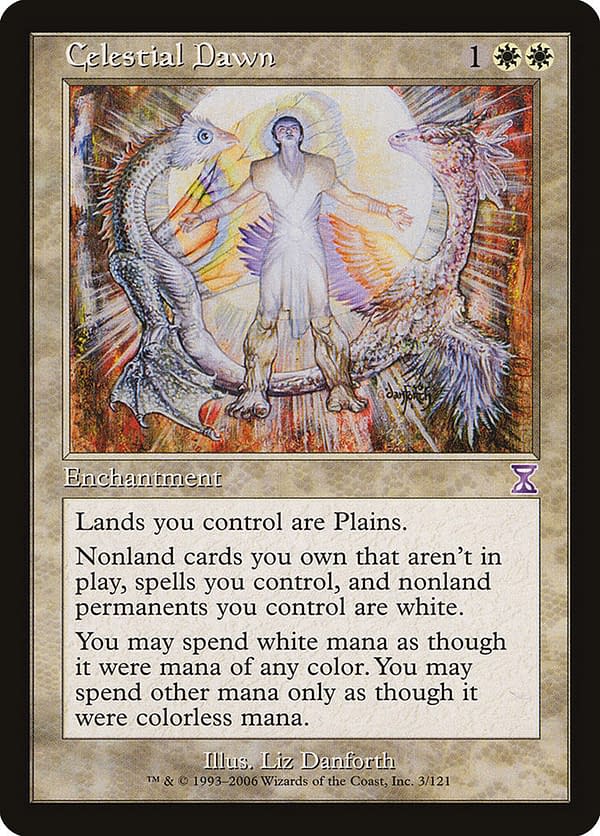 Celestial Dawn, a Magic: The Gathering card originally from the Mirage expansion, seen here in its Timeshifted iteration. Another key card for this deck.