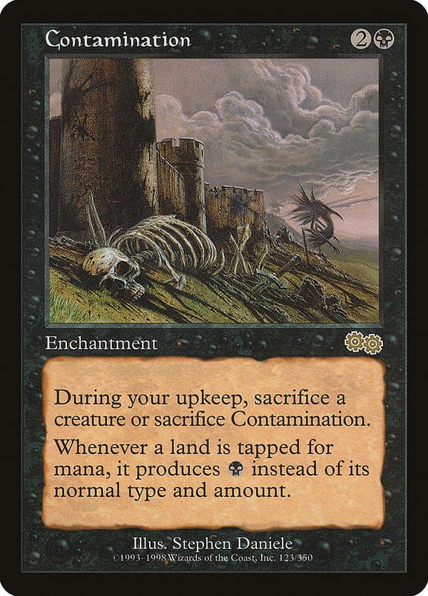 Contamination, one of the cards in this Commander deck for Magic: The Gathering. Seen here in its original Urza's Saga printing.