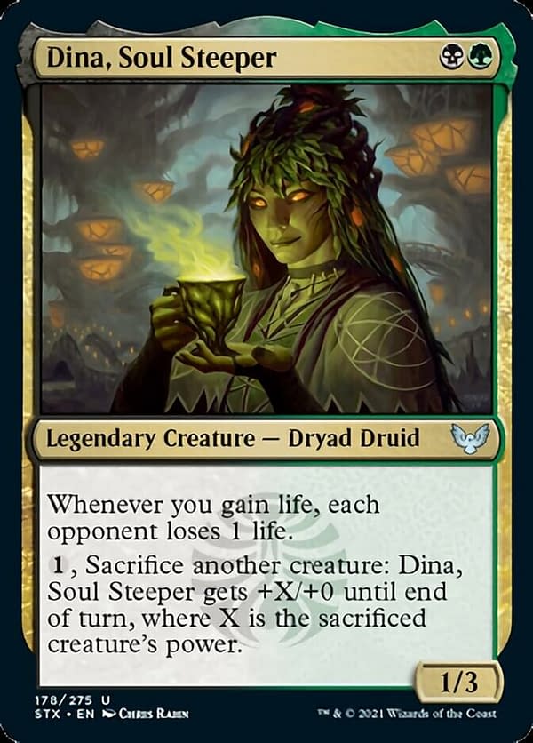 Dina, Soul Steeper, a new card from Strixhaven, School of Mages, the newest expansion for Magic: The Gathering.