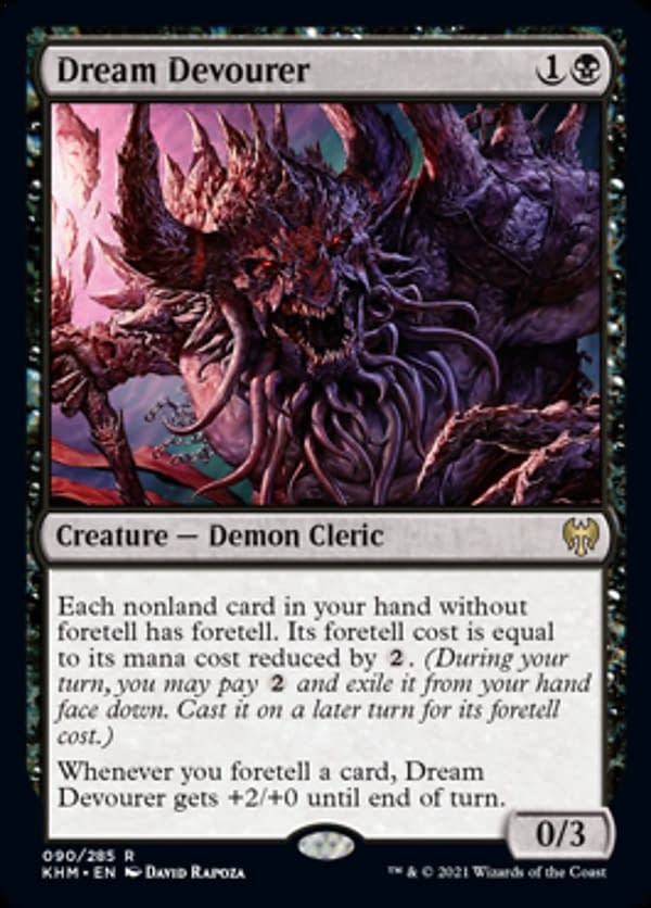 Dream Devourer, a card from Magic's Kaldheim expansion. This card is the lynchpin of our Sen Triplets Commander deck.