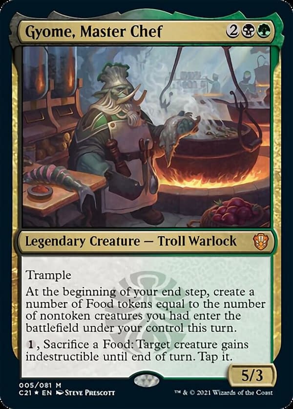 Gyome, Master Chef, a new card from Magic: The Gathering's Commander 2021 release and the commander of this deck.