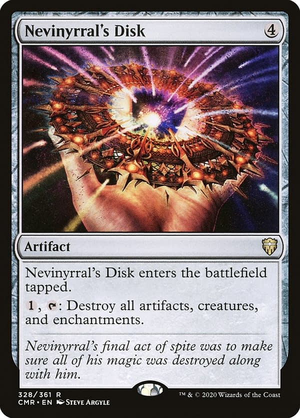 Nevinyrral's Disk, a Magic: The Gathering card reprinted many times and a key card for Mairsil, the Pretender. Here shown in its Commander Legends iteration.