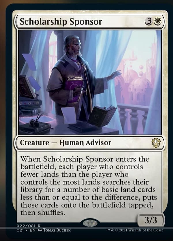 Scholarship Sponsor, a new creature card from Commander 2021, the new release for Magic: The Gathering. Image revealed by MTGMuddstah on YouTube.