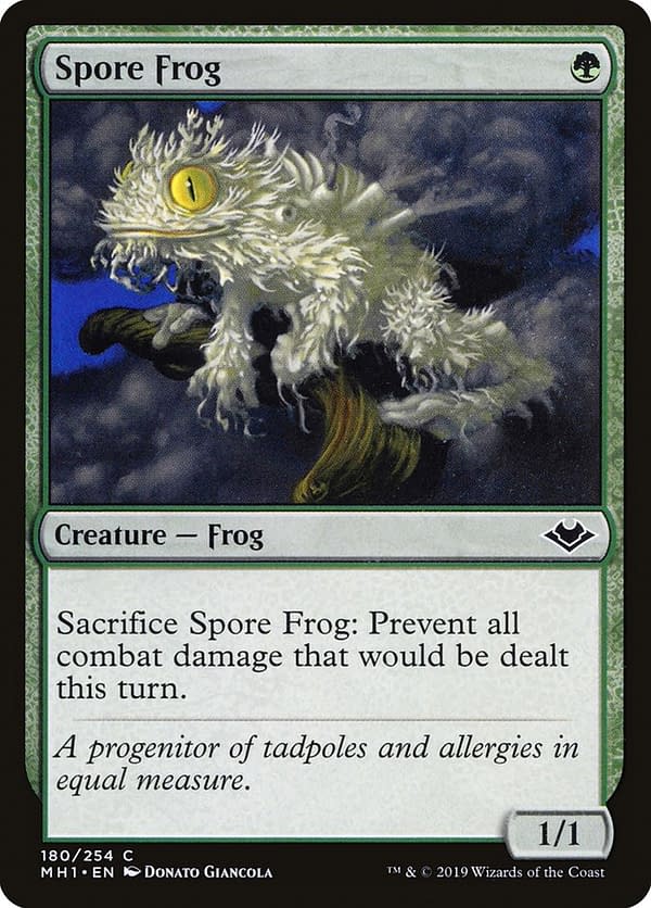 Spore Frog, one of the cards in this Commander deck for Magic: The Gathering. Seen here in its Modern Horizons printing.