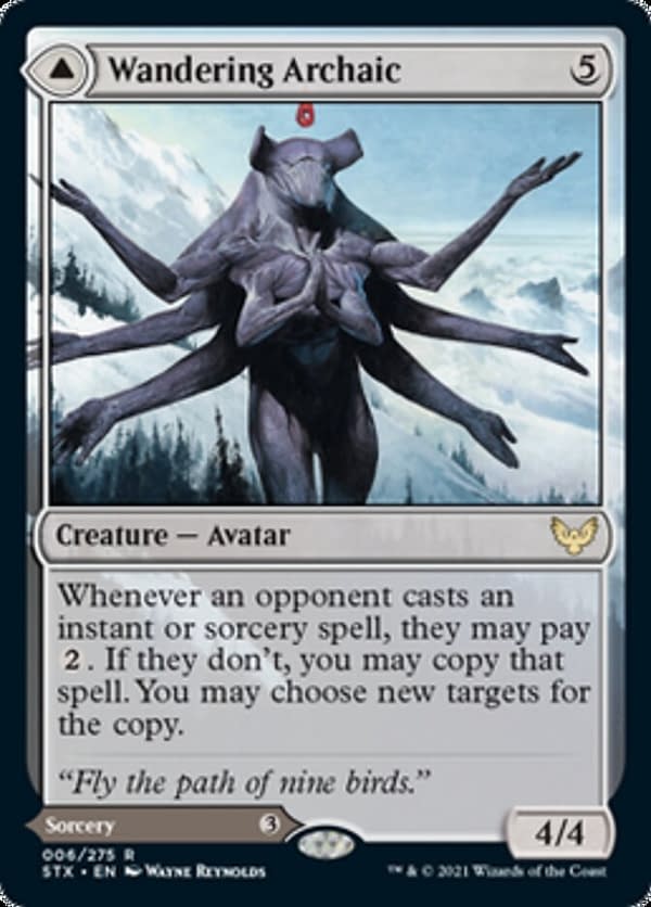 Wandering Archaic, a new creature card from Magic: The Gathering's Strixhaven: School of Mages expansion set. Not shown: Explore the Vastlands, the flipside of this card.