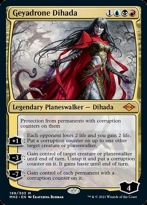 Geyadrone Dihada, a new planeswalker card from Modern Horizons 2, the upcoming set for Magic: The Gathering.