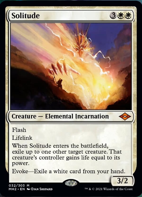 Solitude, a new mythic rare creature card that can function similarly to Swords to Plowshares. From Magic: The Gathering's next supplemental expansion set, Modern Horizons 2.