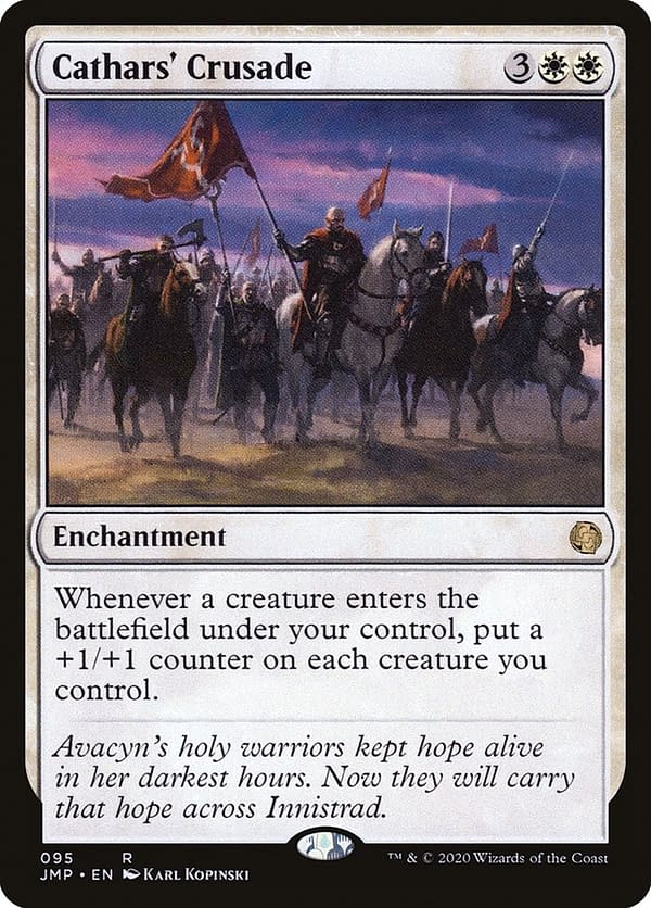 Cathars' Crusade, a card from the Avacyn Restored expansion for Magic: The Gathering. Here shown in its Jumpstart iteration.