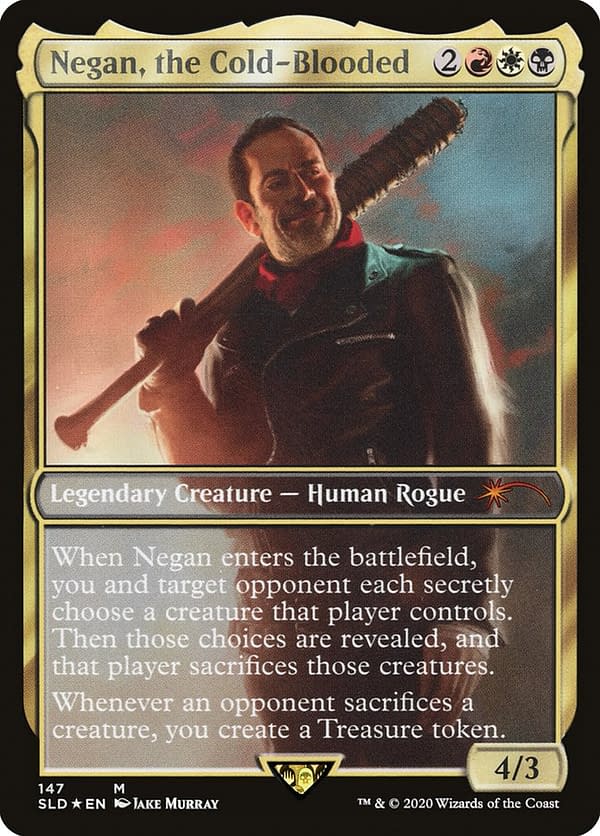 Negan, the Cold-Blooded, a card from The Walking Dead release for Magic: The Gathering, released through Secret Lair and retroactively made part of the Universes Beyond series.