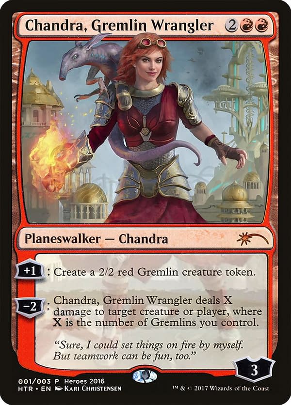 Chandra, Gremlin Wrangler, a card from the 2016 edition of Heroes of the Realm, a special commemorative set for Magic: The Gathering.