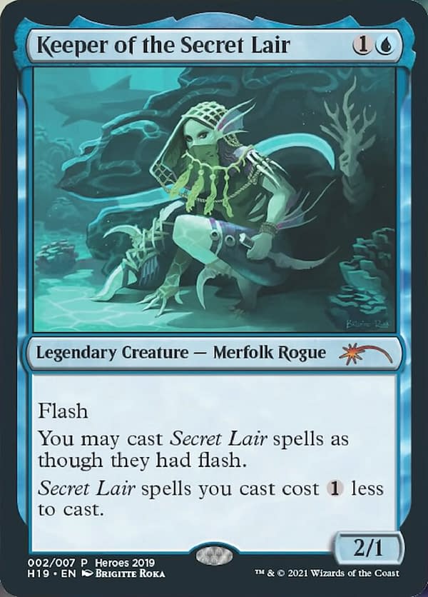 Keeper of the Secret Lair, a Heroes of the Realm card from 2019. Image attributed to Wizards of the Coast for their trading card game Magic: The Gathering.