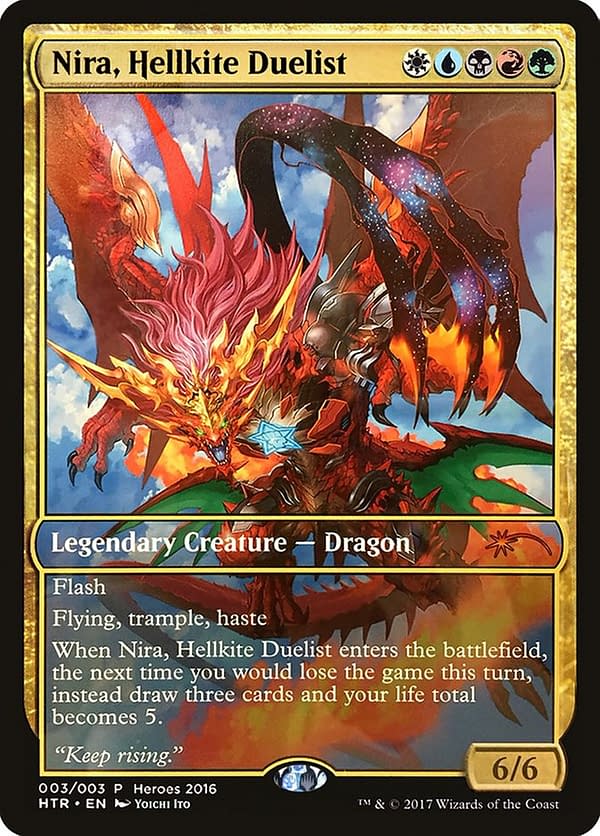 Nira, Hellkite Duelist, a card from the 2016 Heroes of the Realm special set for Magic: The Gathering. This card went out to the team behind Duel Masters' rerelease.