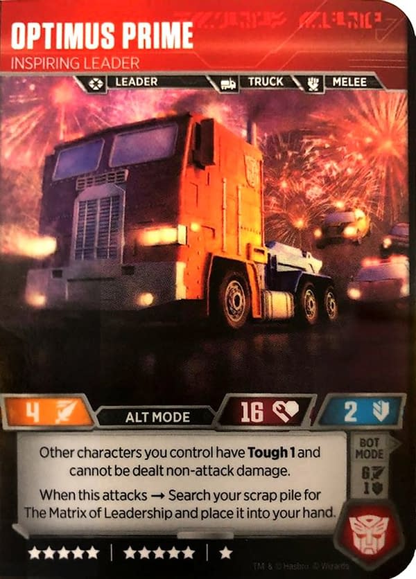 The "alt mode" back face of Optimus Prime, Inspiring Leader, a card for the Transformers TCG that was awarded as part of 2018's Heroes of the Realm.