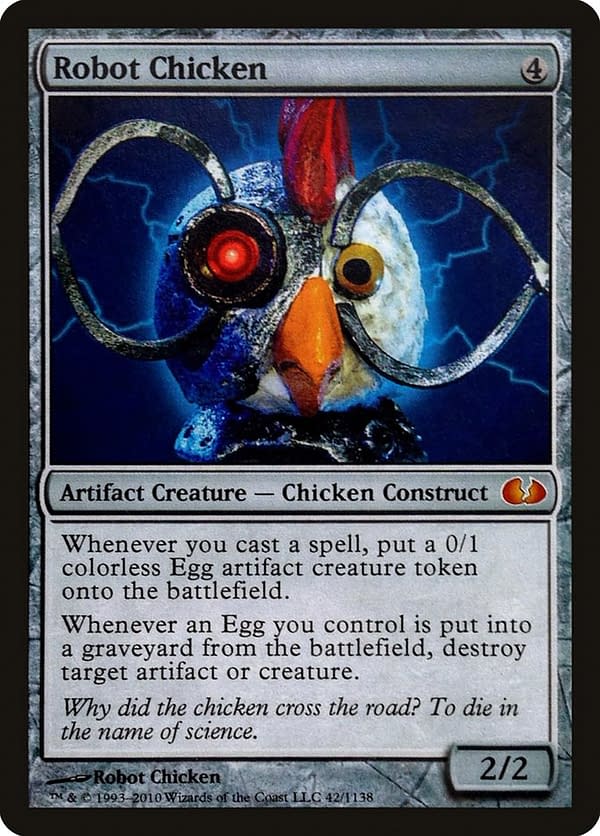 The Robot Chicken commemorative Magic: The Gathering card, made by Wizards of the Coast to celebrate the work of the Robot Chicken team for their help during PT San Diego 2010.
